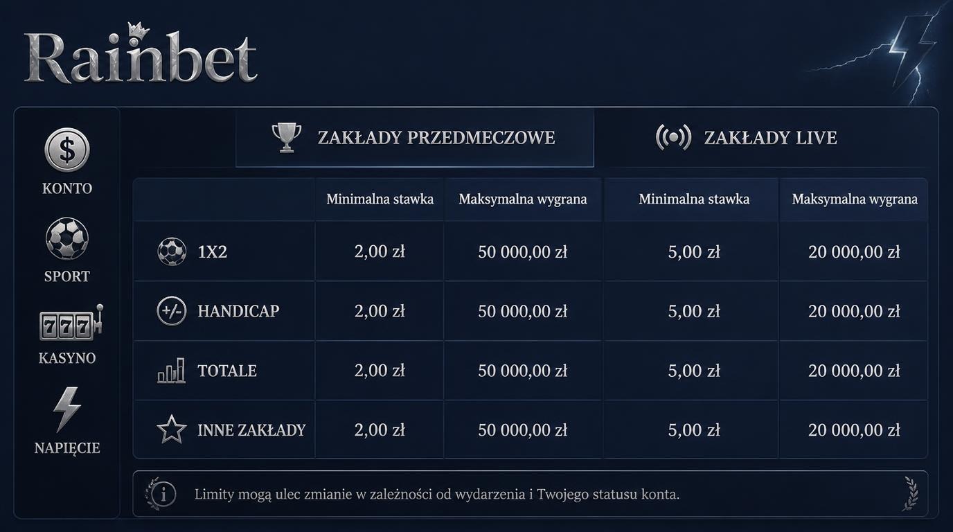 Tabela limitów stawek i wypłat w różnych typach zakładów