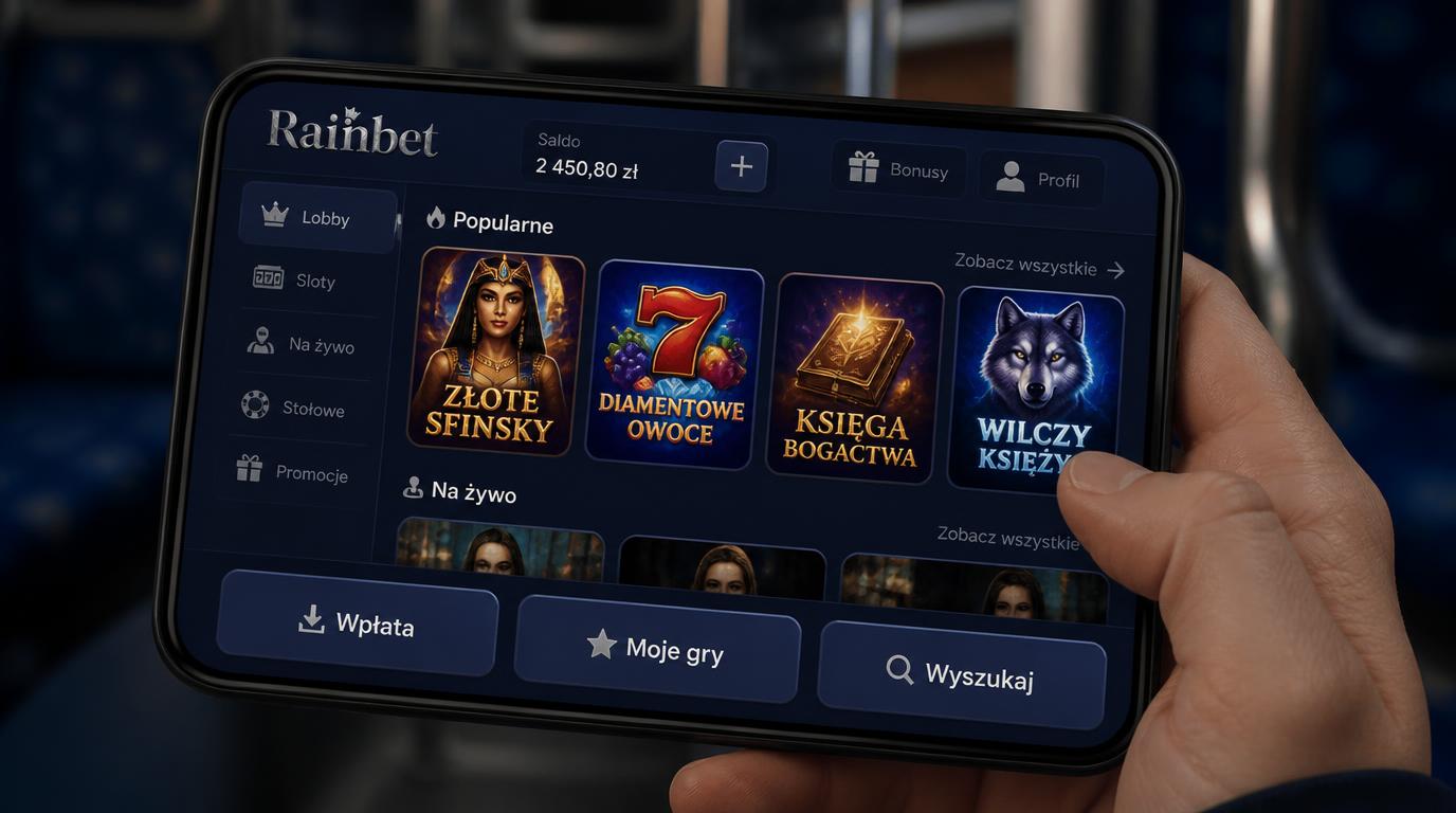 Użytkownik trzyma telefon jedną ręką, interfejs Rainbet z dużymi przyciskami